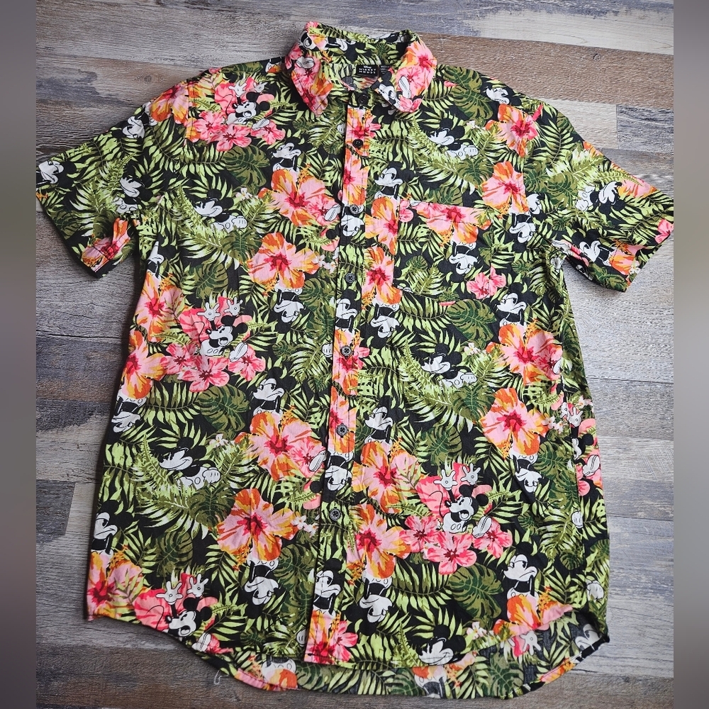 Mickey Mouse Disney Tropical Hawaiian Button Down Shirt Medium